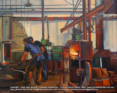 Oil painting of blacksmiths in the forge, Australian Technology Park, Eveleigh Railway Workshops painted by industrial heritage artist Jane Bennett